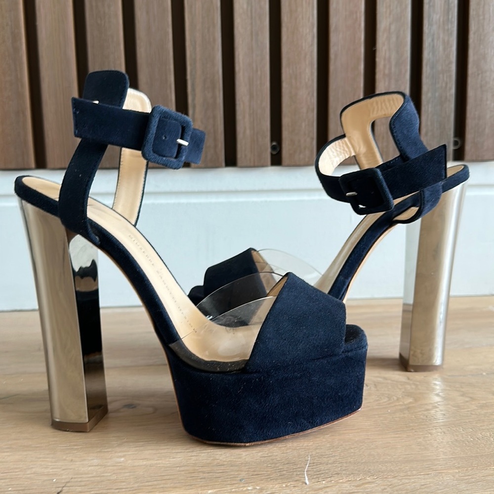Giuseppe Zanotti Betty Metallic Platform Sandal, Navy Suede (8.5)